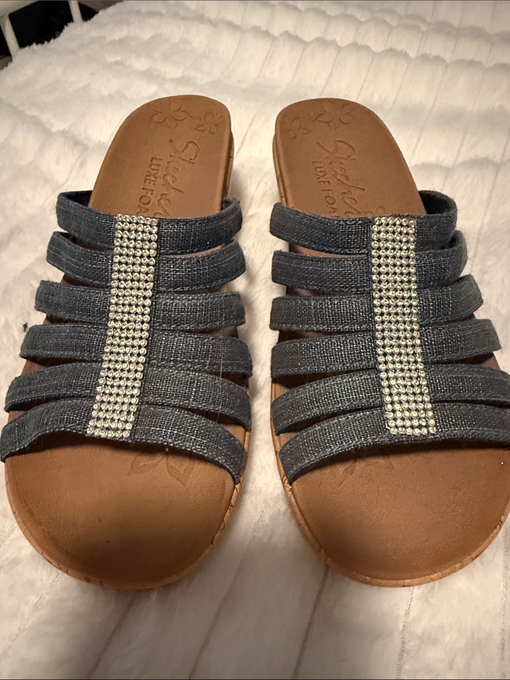 NEW Skechers Women's Denim  Slip-On Sandals with Rhinestone Trim